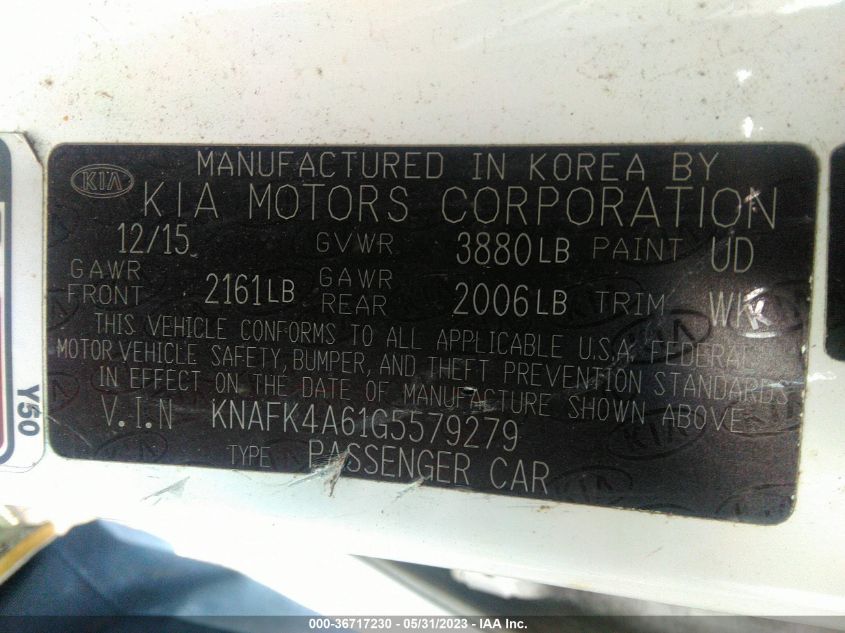 VIN KNAFK4A61G5579279 2016 KIA FORTE no.9