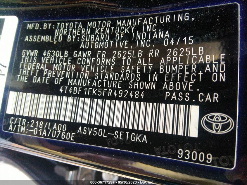 2015 TOYOTA CAMRY LE/XLE/SE/XSE - 4T4BF1FK5FR492484