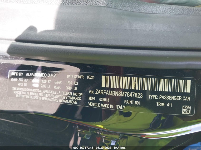 VIN ZARFAMBN8M7647823 2021 ALFA ROMEO GIULIA TI