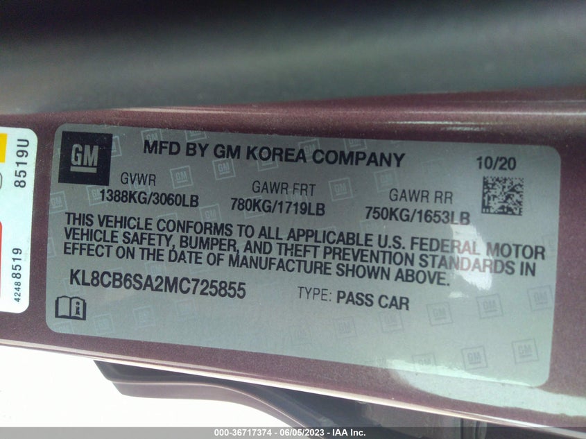 VIN KL8CB6SA2MC725855 2021 CHEVROLET SPARK LS