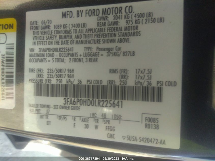 2020 FORD FUSION SE - 3FA6P0HD0LR225641