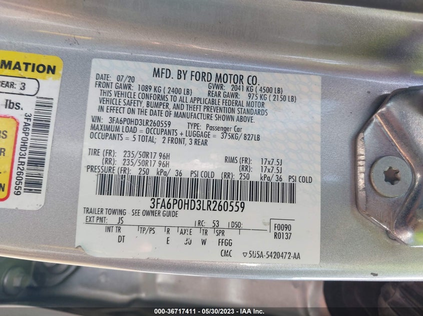 VIN 3FA6P0HD3LR260559 2020 FORD FUSION SE