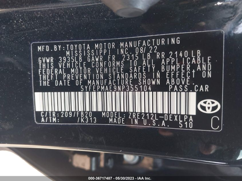 2022 TOYOTA COROLLA LE - 5YFEPMAE9NP355104