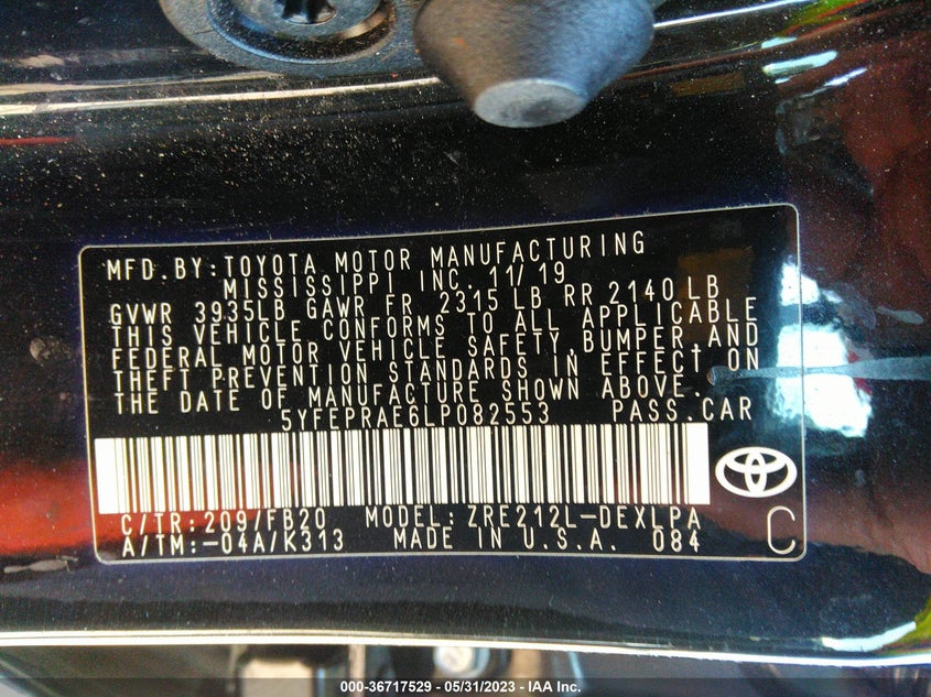 VIN 5YFEPRAE6LP082553 2020 TOYOTA COROLLA LE
