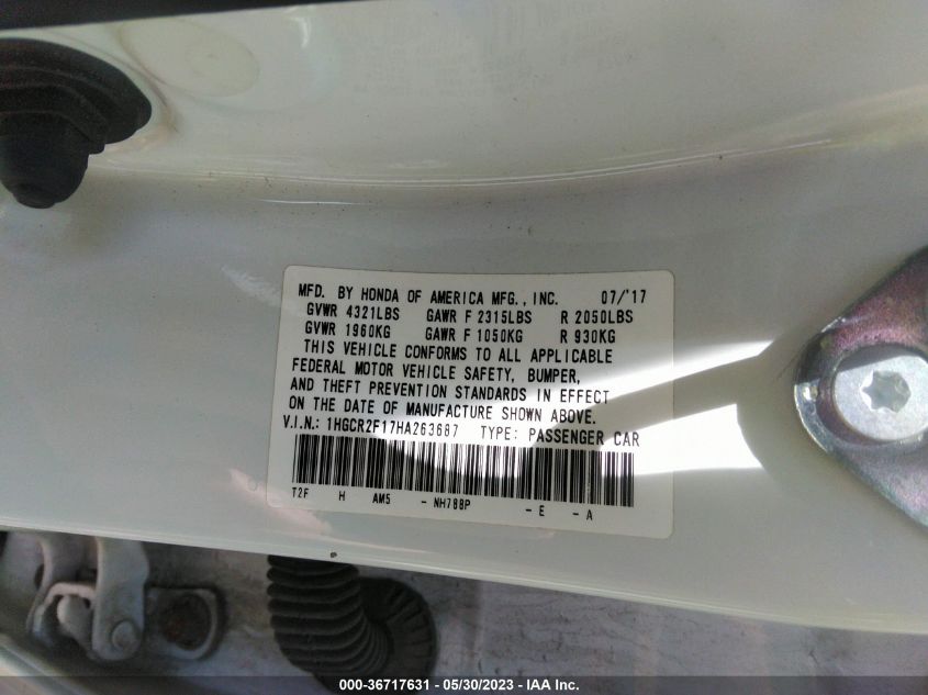 2017 HONDA ACCORD SEDAN SPORT SE - 1HGCR2F17HA263687