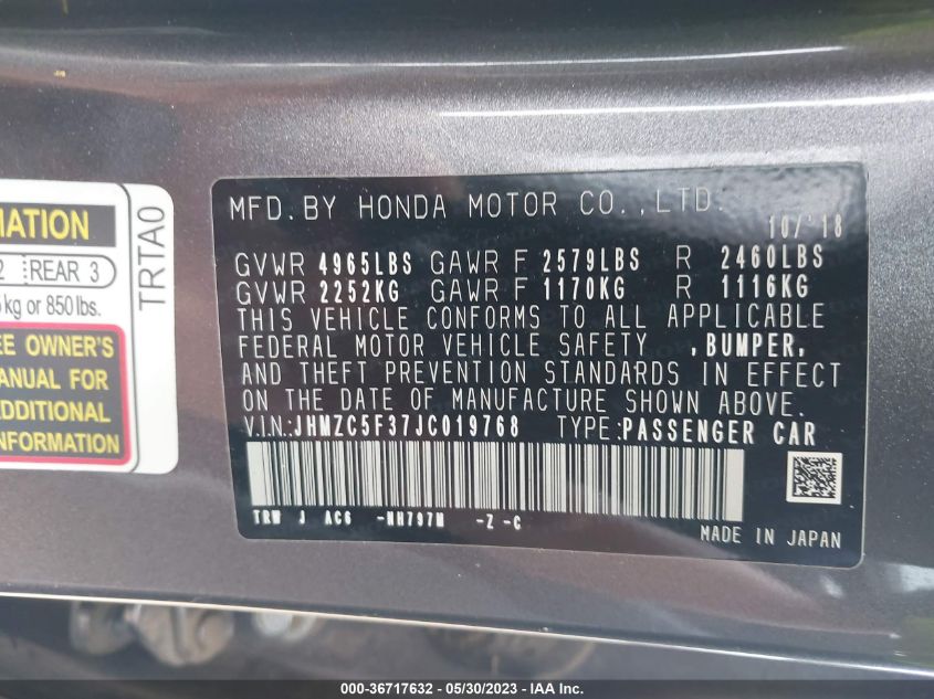 2018 HONDA CLARITY PLUG-IN HYBRID TOURING JHMZC5F37JC019768