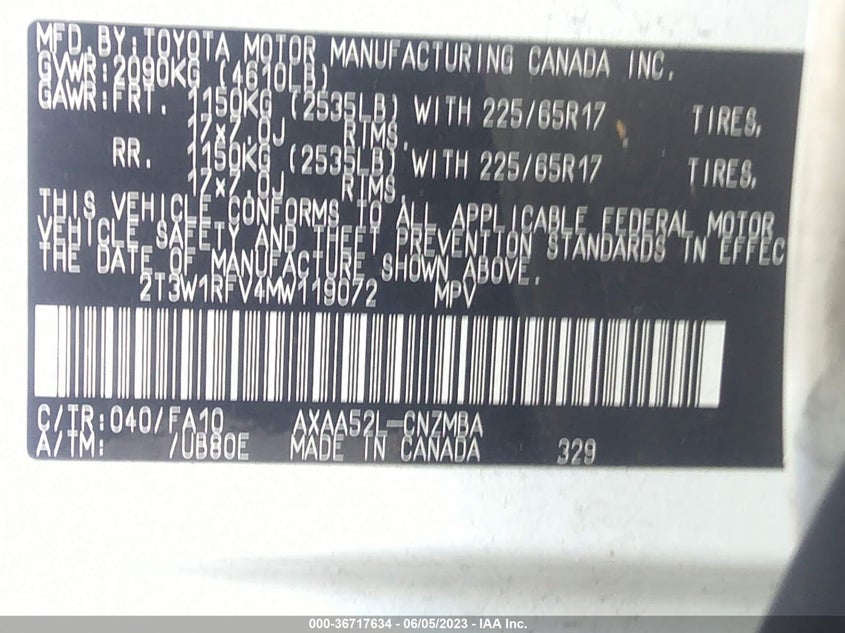 VIN 2T3W1RFV4MW119072 2021 TOYOTA RAV4 XLE