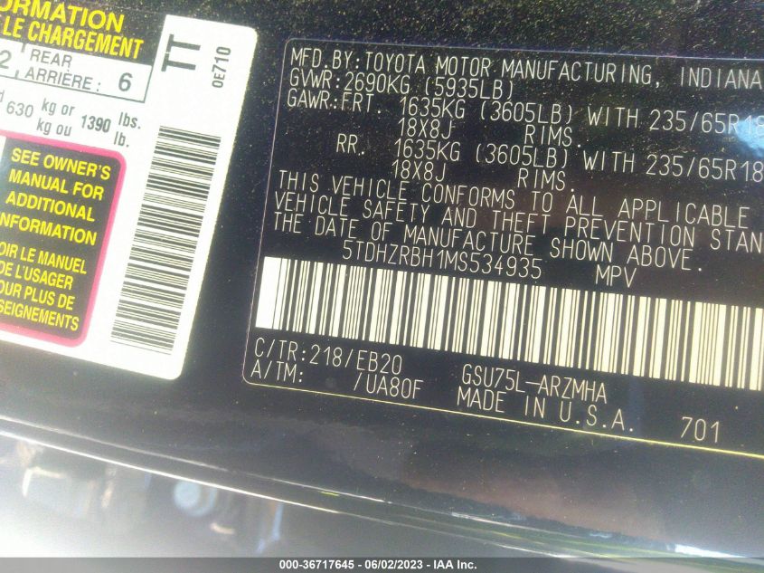 2021 TOYOTA HIGHLANDER XLE - 5TDHZRBH1MS534935