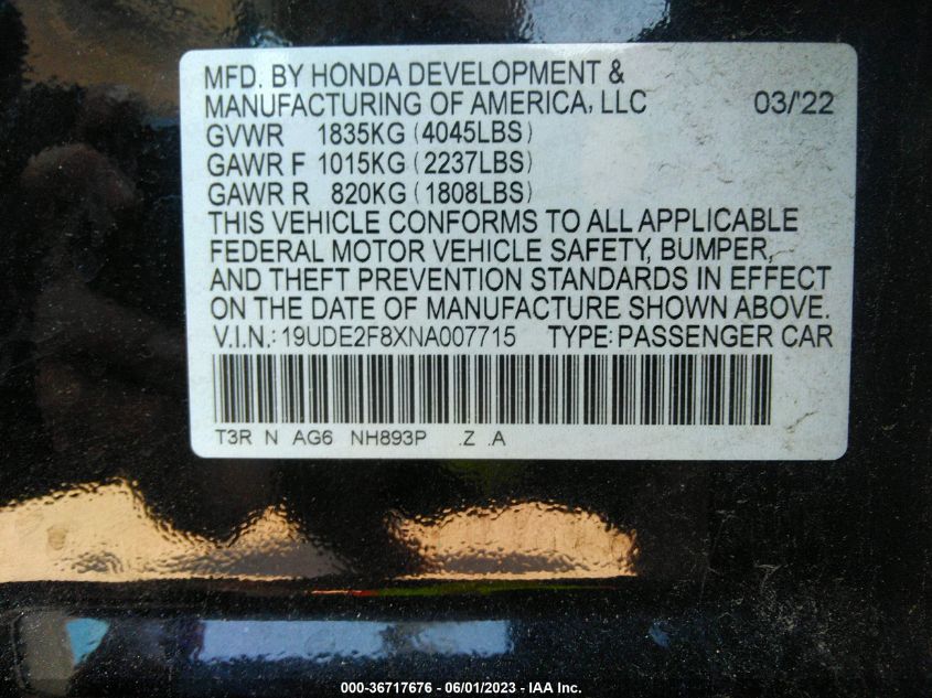 2022 ACURA ILX PACKAGE - 19UDE2F8XNA007715