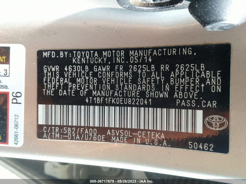 2014 TOYOTA CAMRY L/LE/XLE/SE/SE SPORT - 4T1BF1FK0EU822041