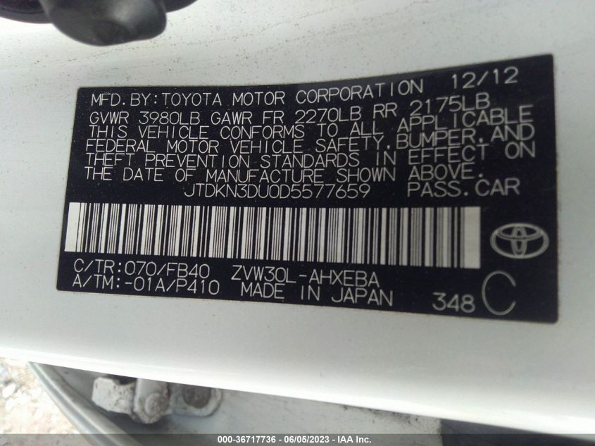 2013 TOYOTA PRIUS ONE/TWO/THREE/FOUR/FIVE - JTDKN3DU0D5577659
