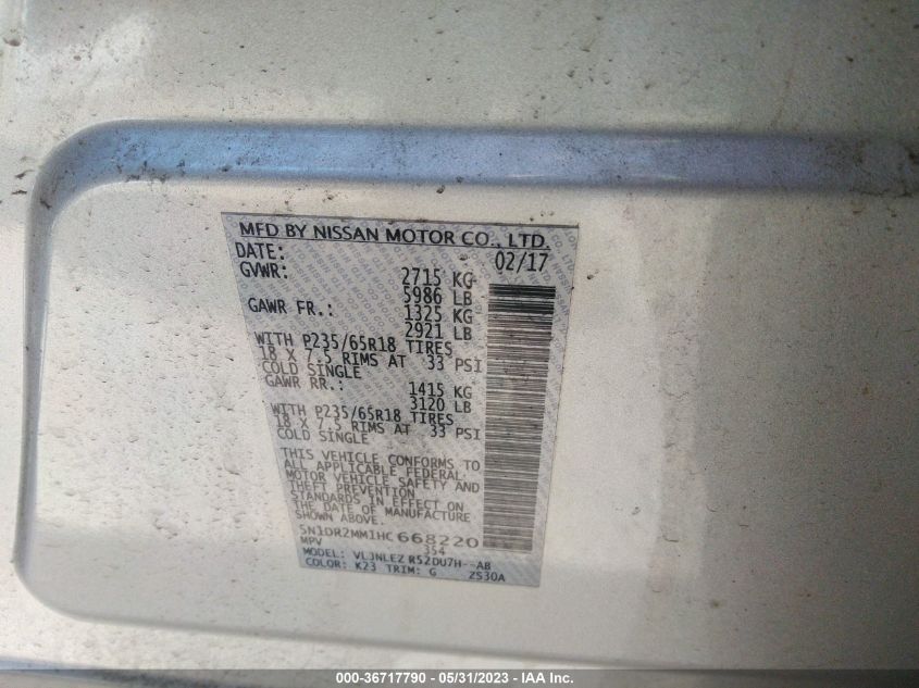 2017 NISSAN PATHFINDER SV - 5N1DR2MM1HC668220
