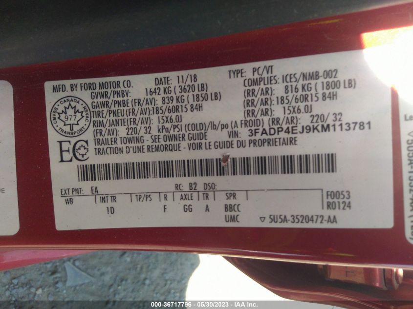 2019 FORD FIESTA SE - 3FADP4EJ9KM113781