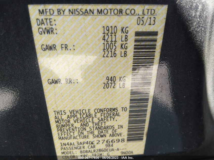 2013 NISSAN ALTIMA 2.5/S/SV/SL - 1N4AL3AP4DC276698