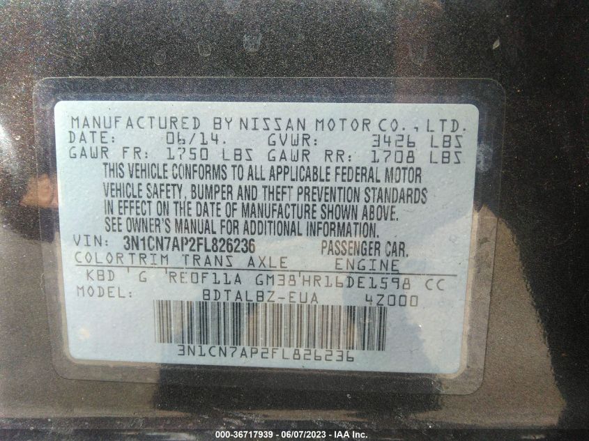 2015 NISSAN VERSA S/S PLUS/SV/SL - 3N1CN7AP2FL826236