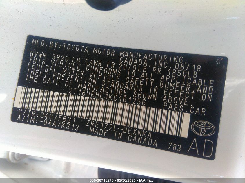 2019 TOYOTA COROLLA L/LE/SE/XLE/XSE - 2T1BURHE1KC161256