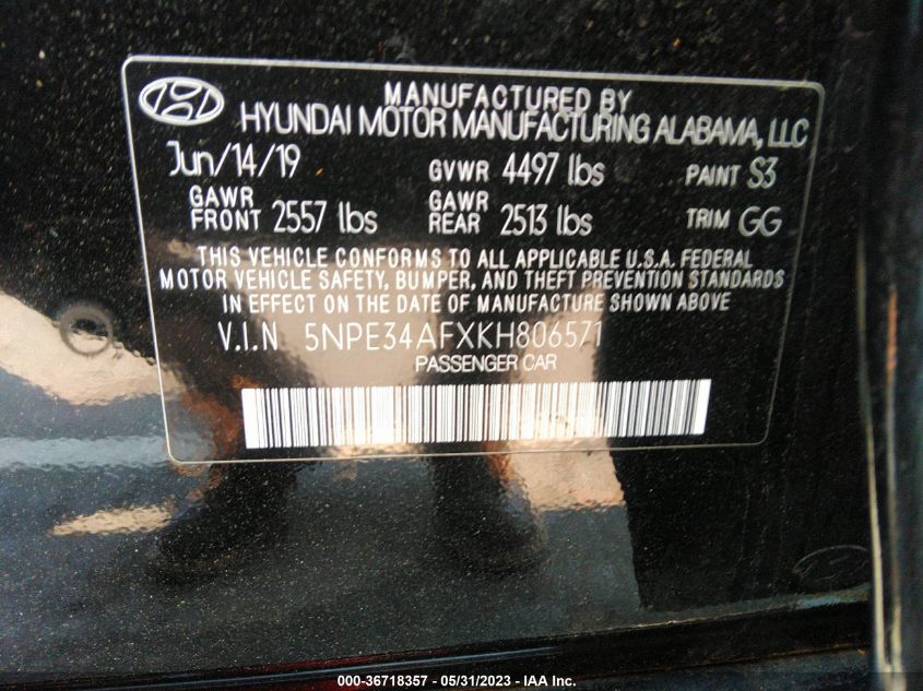 2019 HYUNDAI SONATA SEL - 5NPE34AFXKH806571