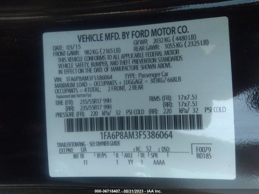 2015 FORD MUSTANG V6 - 1FA6P8AM3F5386064