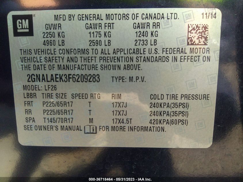 2015 CHEVROLET EQUINOX LS - 2GNALAEK3F6209283