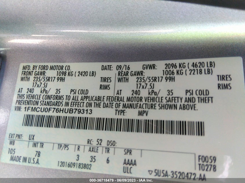 VIN 1FMCU0F76HUB79313 2017 FORD ESCAPE S