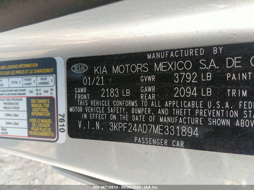 2021 KIA FORTE LXS - 3KPF24AD7ME331894