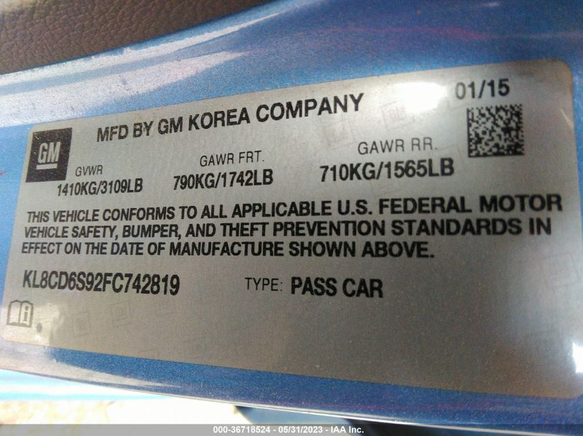 2015 CHEVROLET SPARK LT - KL8CD6S92FC742819