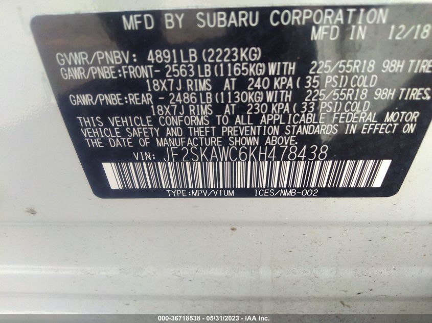 2019 SUBARU FORESTER TOURING - JF2SKAWC6KH478438