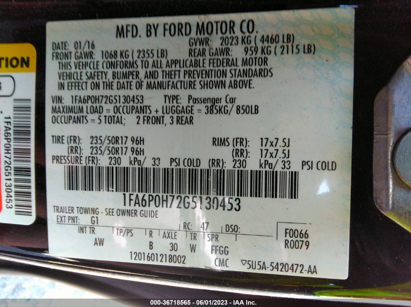 2016 FORD FUSION SE - 1FA6P0H72G5130453