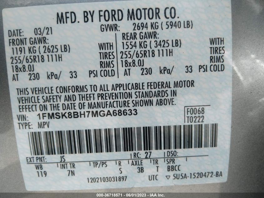 2021 FORD EXPLORER BASE - 1FMSK8BH7MGA68633