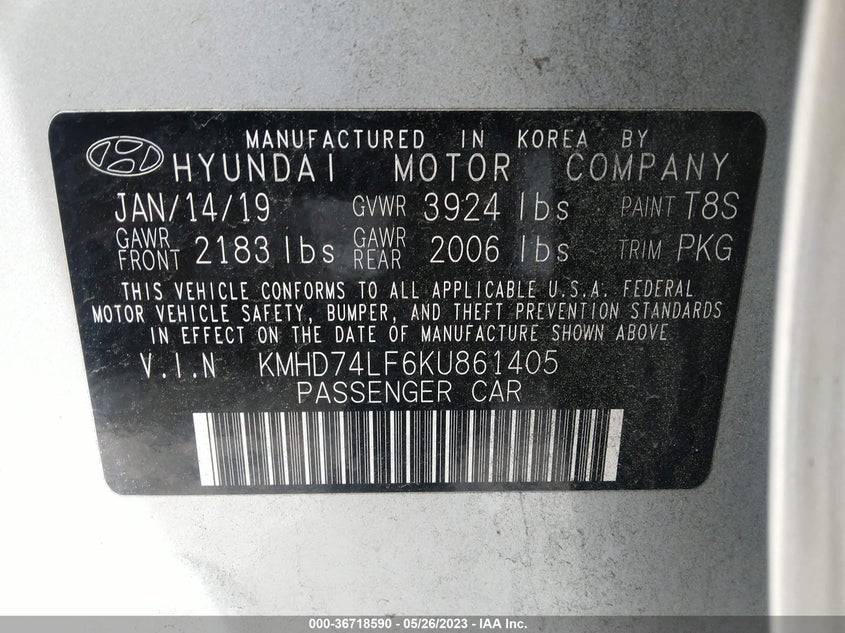 VIN KMHD74LF6KU861405 2019 HYUNDAI ELANTRA SE