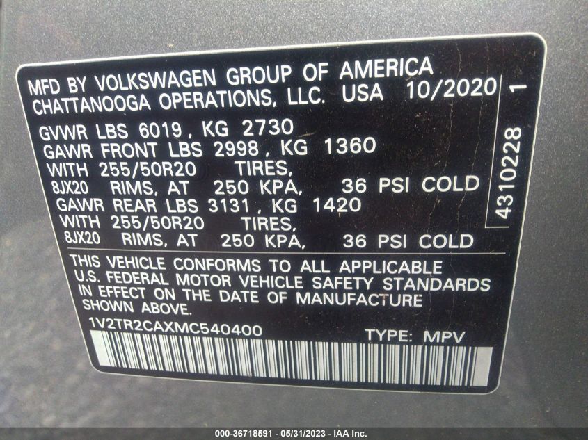 2021 VOLKSWAGEN ATLAS 3.6L V6 SEL PREMIUM - 1V2TR2CAXMC540400