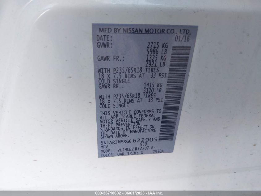2016 NISSAN PATHFINDER SV - 5N1AR2MMXGC622905