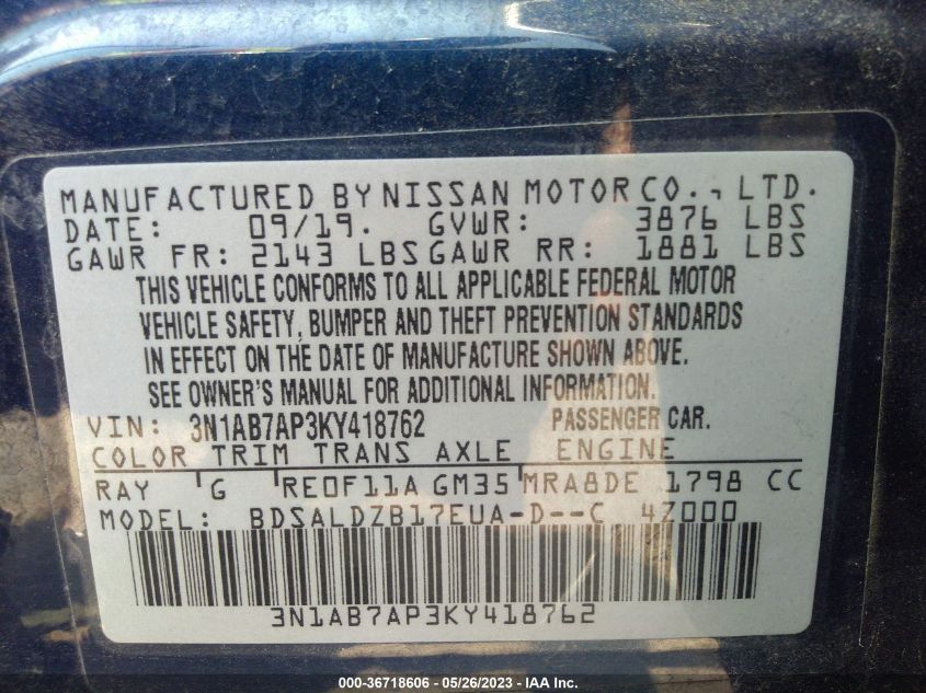 2019 NISSAN SENTRA SV - 3N1AB7AP3KY418762