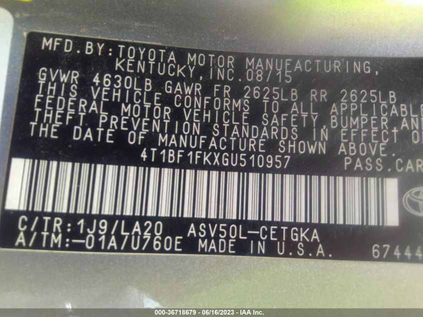 2016 TOYOTA CAMRY XLE/SE/LE/XSE - 4T1BF1FKXGU510957