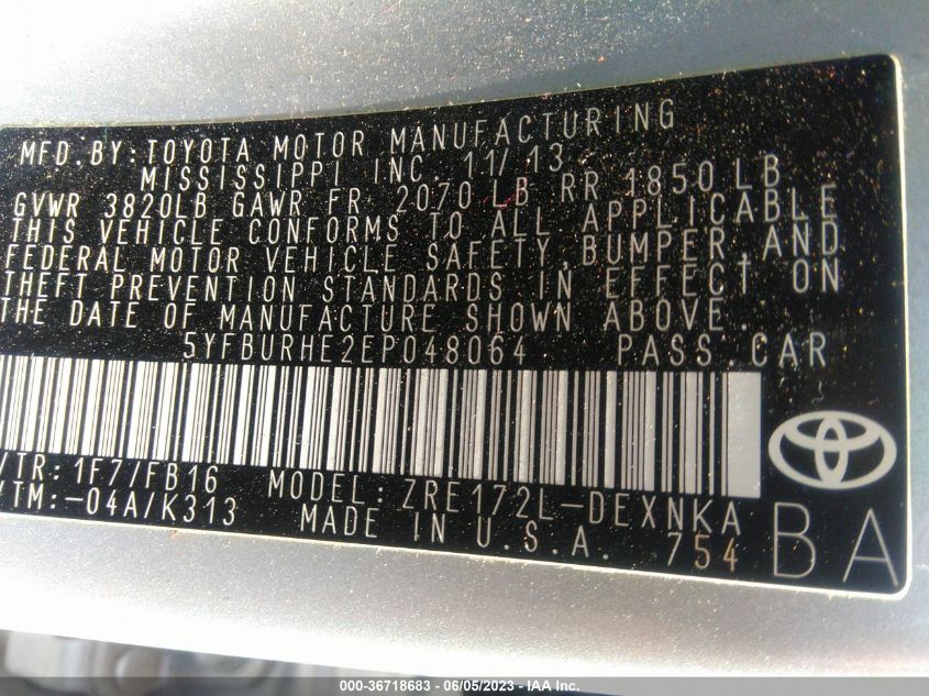 2014 TOYOTA COROLLA L/LE/S/S PLUS/LE PLUS - 5YFBURHE2EP048064