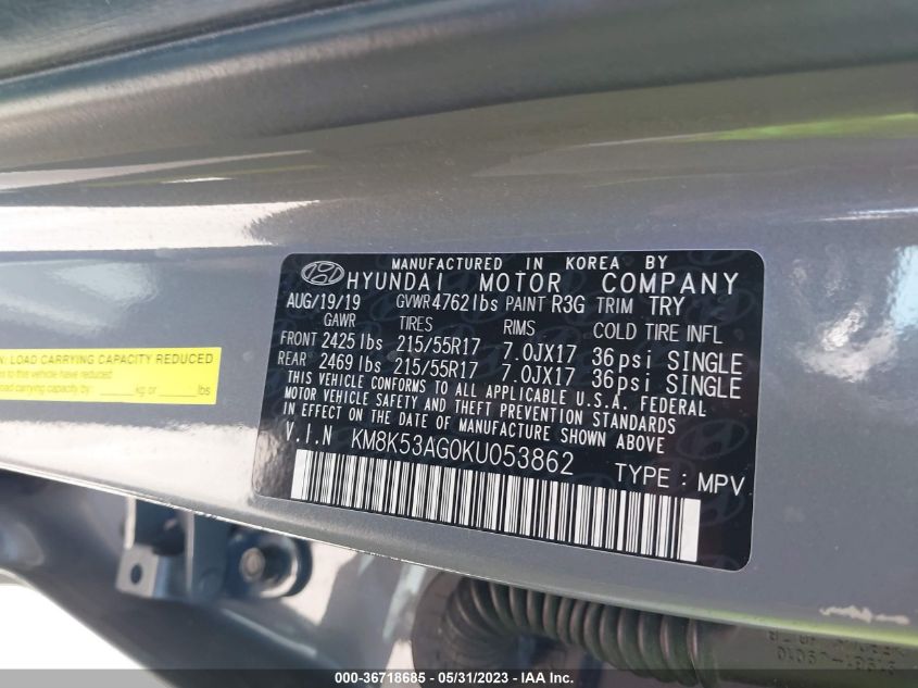 2019 HYUNDAI KONA EV ULTIMATE KM8K53AG0KU053862