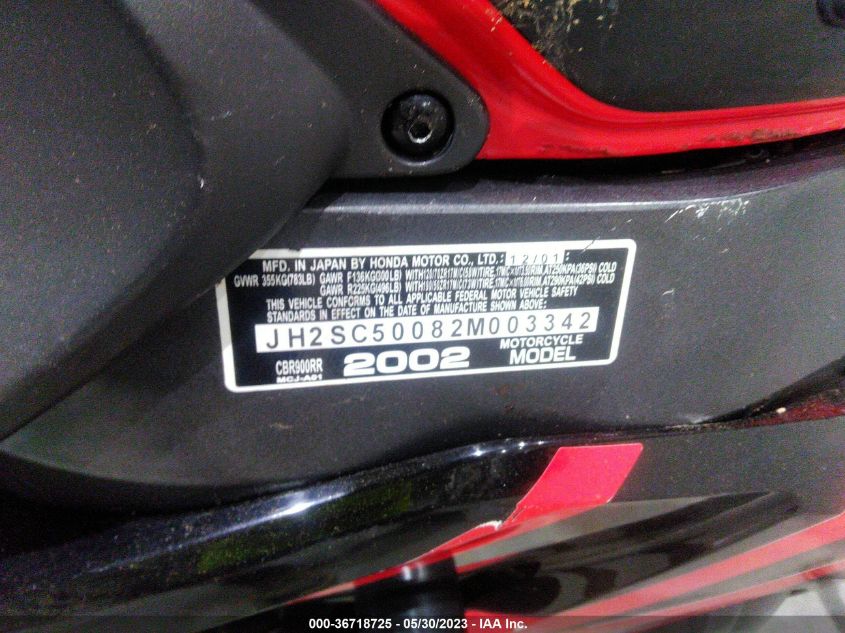 2002 HONDA CBR900 RR JH2SC50082M003342