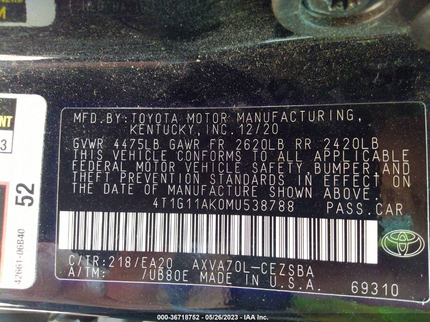 2021 TOYOTA CAMRY SE - 4T1G11AK0MU538788