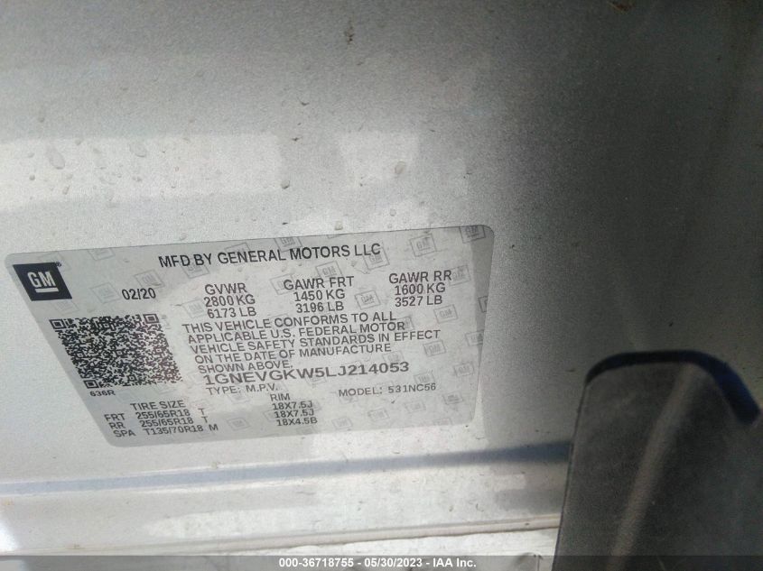 2020 CHEVROLET TRAVERSE LT CLOTH - 1GNEVGKW5LJ214053