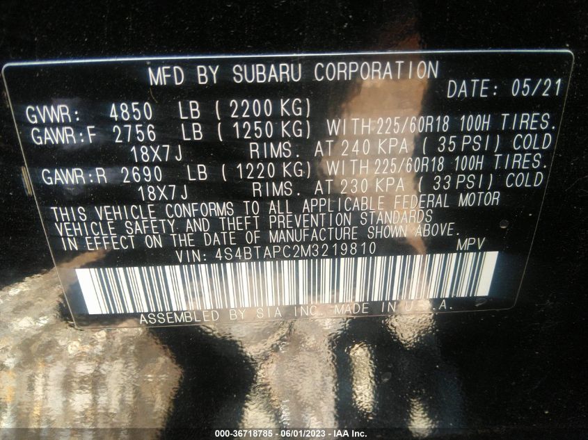 2021 SUBARU OUTBACK TOURING - 4S4BTAPC2M3219810