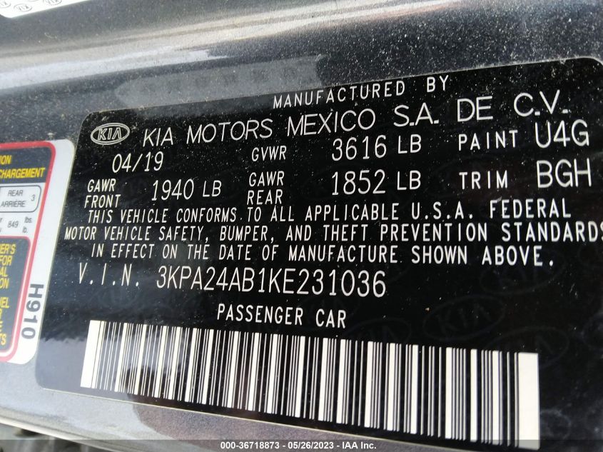 2019 KIA RIO S - 3KPA24AB1KE231036