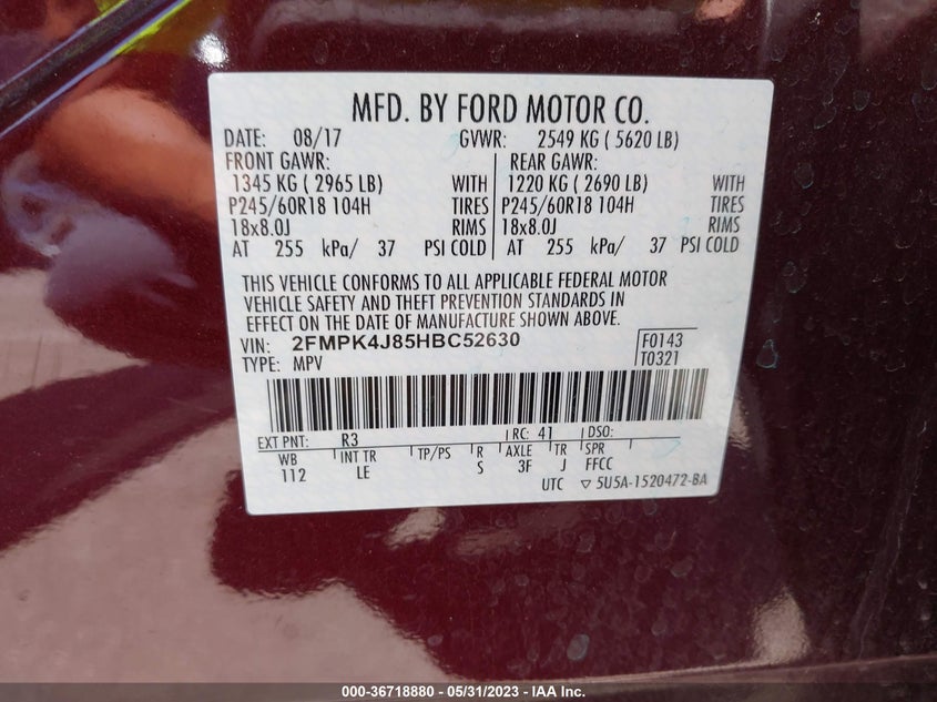 VIN 2FMPK4J85HBC52630 2017 FORD EDGE SEL
