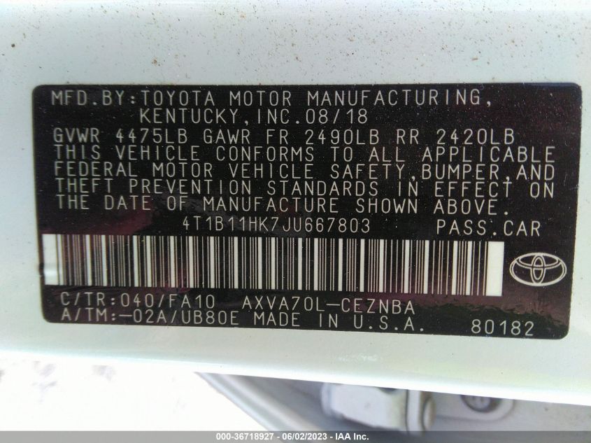 2018 TOYOTA CAMRY LE - 4T1B11HK7JU667803