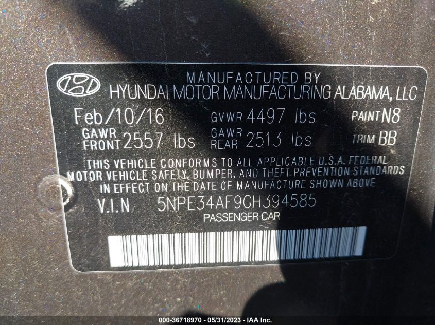 2016 HYUNDAI SONATA 2.4L SPORT - 5NPE34AF9GH394585