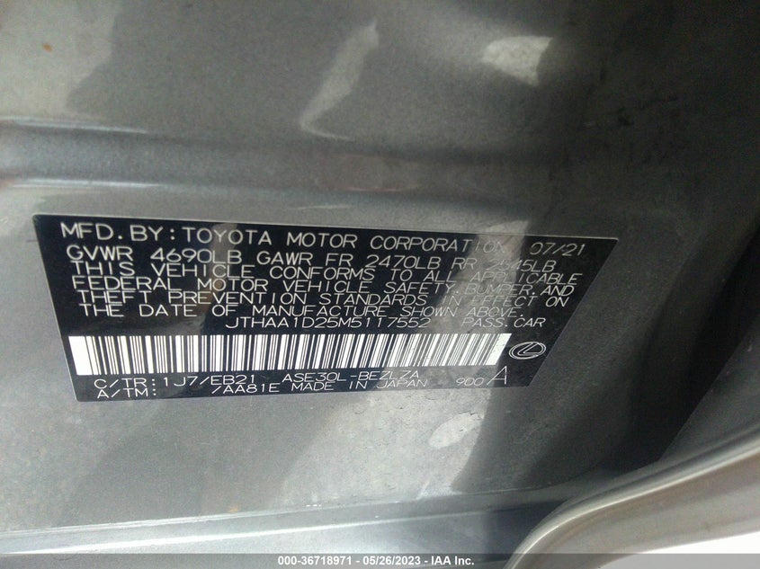 VIN JTHAA1D25M5117552 2021 LEXUS IS IS 300