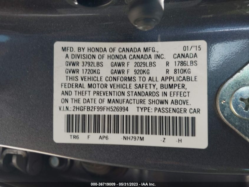2015 HONDA CIVIC SEDAN EX-L - 2HGFB2F99FH526994