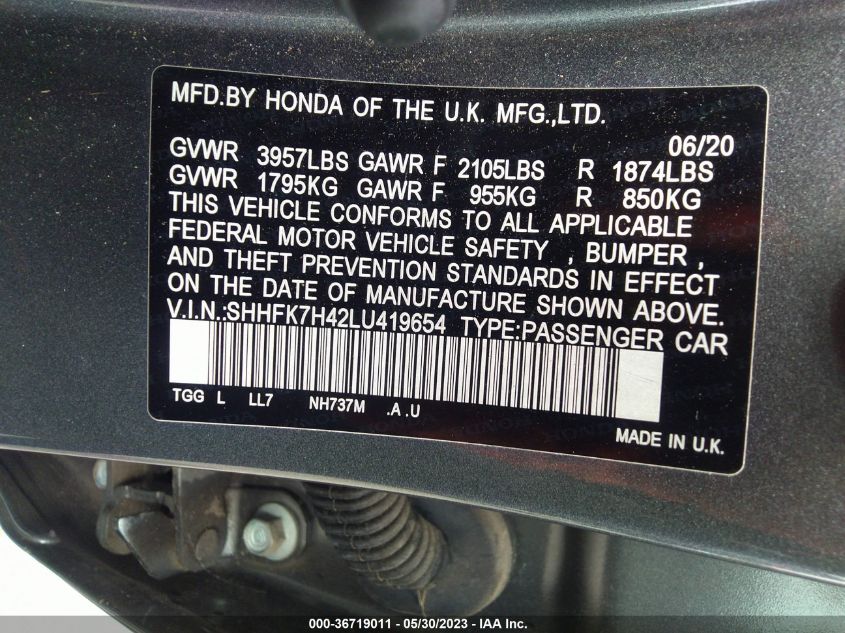 2020 HONDA CIVIC HATCHBACK SPORT - SHHFK7H42LU419654