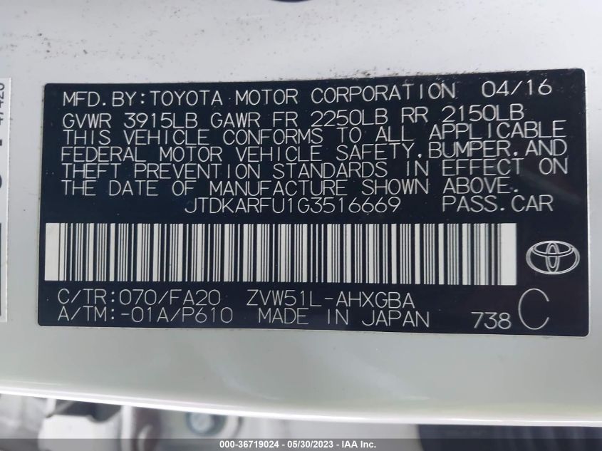 2016 TOYOTA PRIUS FOUR - JTDKARFU1G3516669