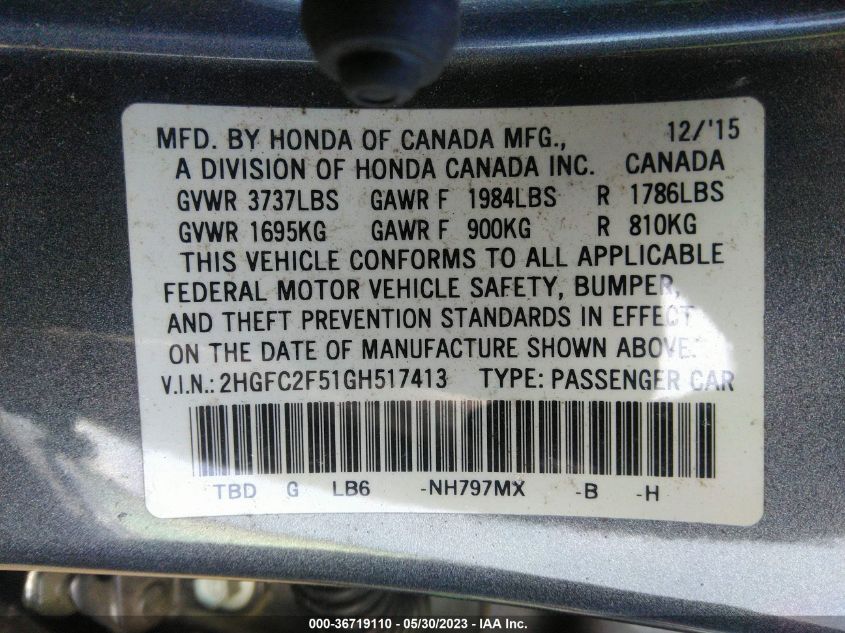 2016 HONDA CIVIC SEDAN LX - 2HGFC2F51GH517413