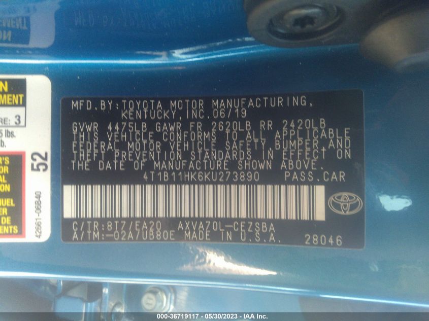 2019 TOYOTA CAMRY LE/SE/XLE/L - 4T1B11HK6KU273890
